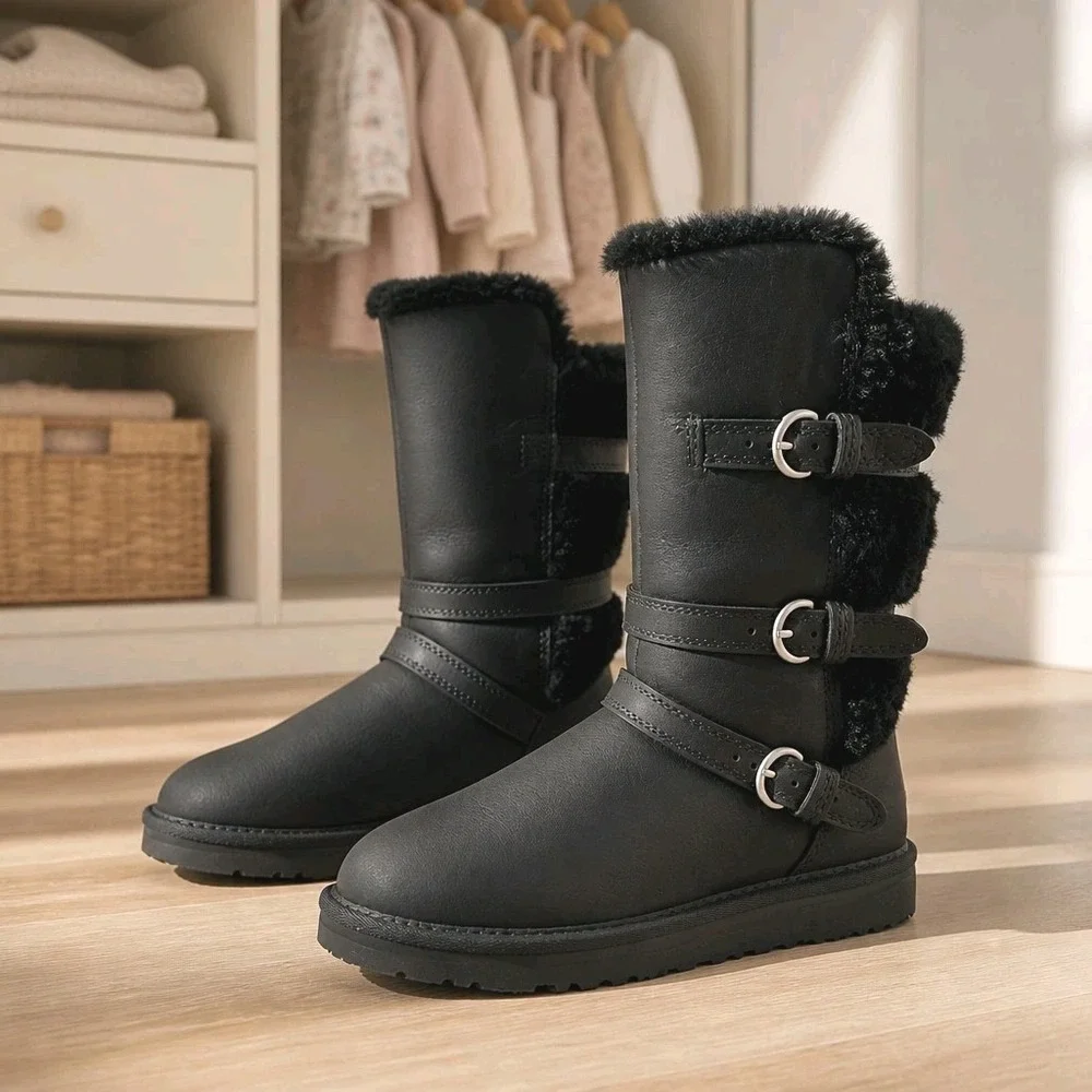 UGG Australia Becket Black Leather Sheepskin Boots Moto Buckle Kid's Size 1
